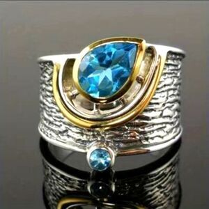 Unisex Water Drop Ring Ethnic Jewelry Trendy Look Zirconia Gemstone Wide Ring